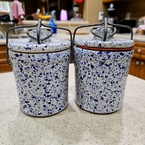 2 ANTIQUE Blue Speckled Ceramic Jars,